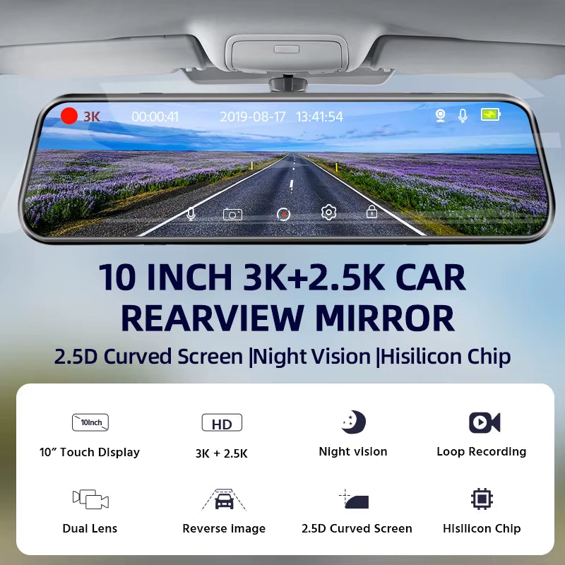 10" Smart Dash Cam 3K Front Optional 2.5K Rear Wifi 170° Super Night Vision Black Box GPS WIFI 24H Parking Monitor Loop Record
