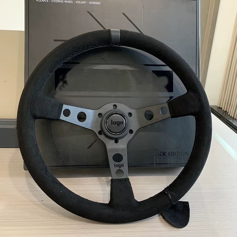 MO MO 14Inch 350Mm Car Steering Wheel Suede Leather/Genuine Leather Deep Concave Drift JDM Racing Black Edition