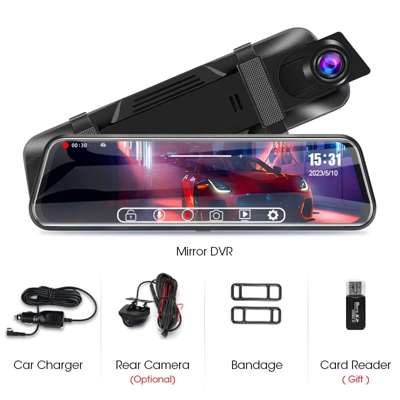 10" Car DVR 4K+1080P Dash Cam Touch Screen 2160P Dual Lens Rear View Mirror Backup Camera GPS Track Playback 24H Parking