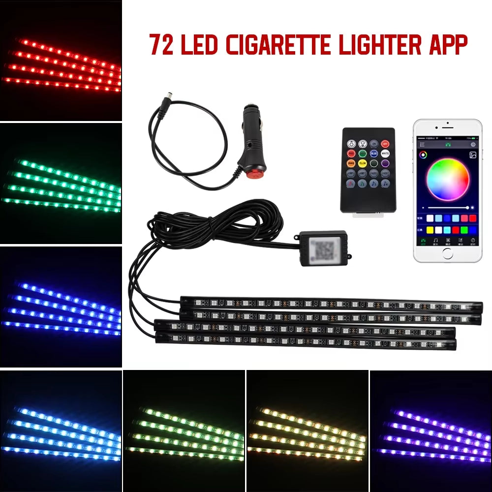 LED Car Foot Light Ambient Lamp with USB Wireless Remote Music Control Multiple Modes Automotive Interior Decorative Lights
