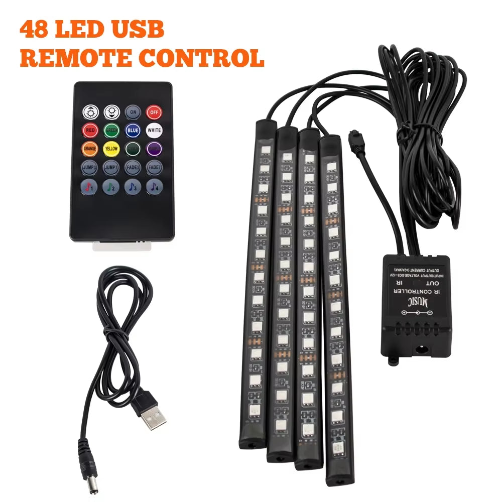 LED Car Foot Light Ambient Lamp with USB Wireless Remote Music Control Multiple Modes Automotive Interior Decorative Lights
