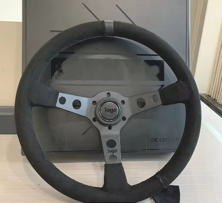 MO MO 14Inch 350Mm Car Steering Wheel Suede Leather/Genuine Leather Deep Concave Drift JDM Racing Black Edition