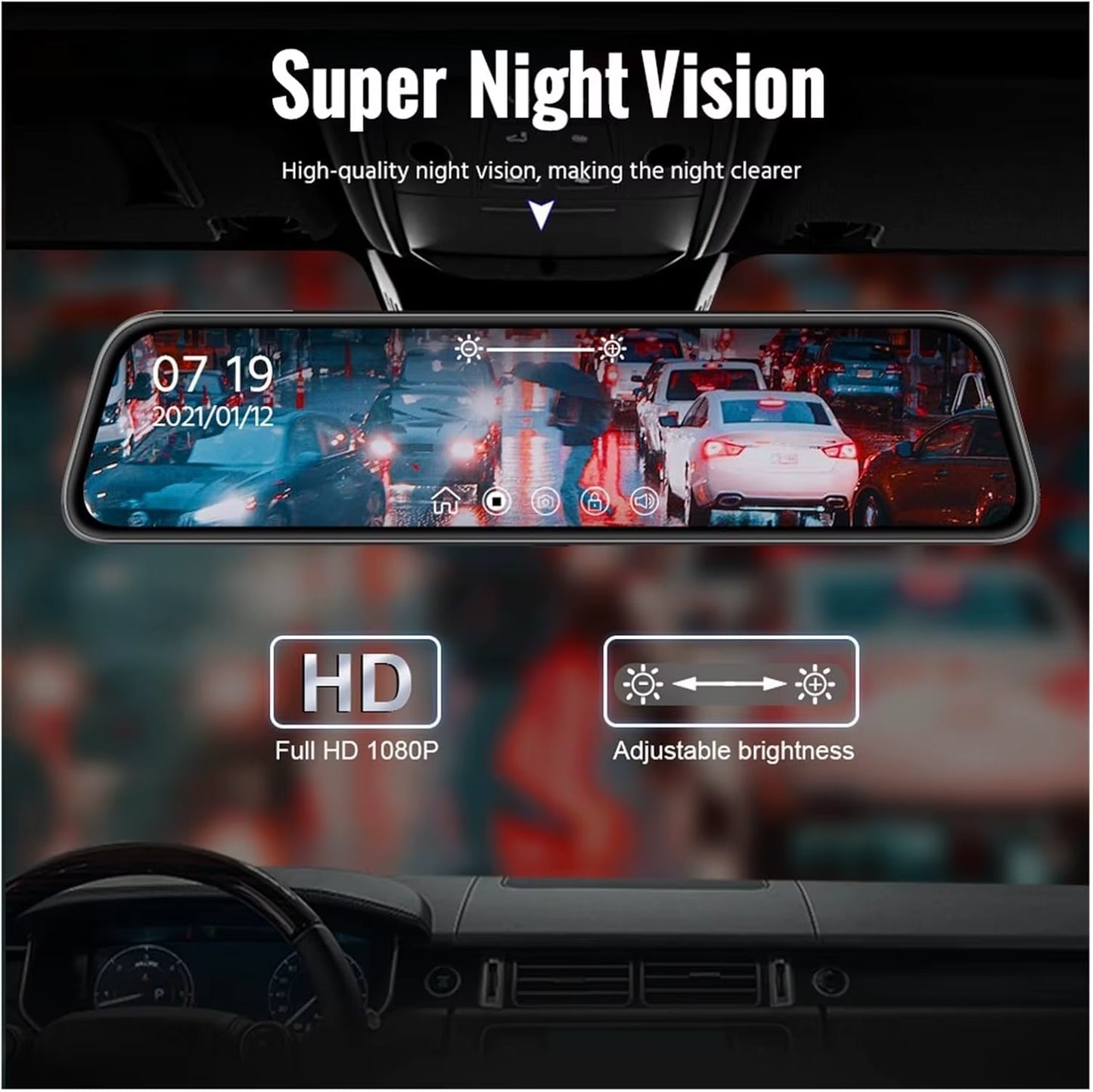10'' 1080P Car Mirror Dash Cam DVR Rearview Camera Dual Lens IPS Touch Screen Stream Media Night Vision Drive Video Recorder (Co