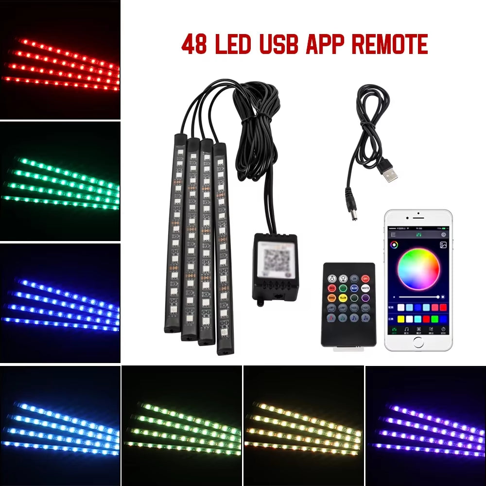 LED Car Foot Light Ambient Lamp with USB Wireless Remote Music Control Multiple Modes Automotive Interior Decorative Lights