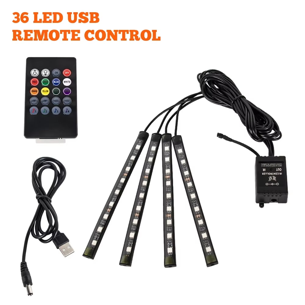 LED Car Foot Light Ambient Lamp with USB Wireless Remote Music Control Multiple Modes Automotive Interior Decorative Lights