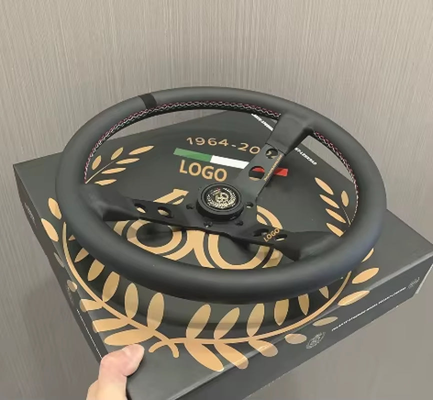 MO MO 14Inch 350Mm Car Steering Wheel Suede Leather/Genuine Leather Deep Concave Drift JDM Racing Black Edition