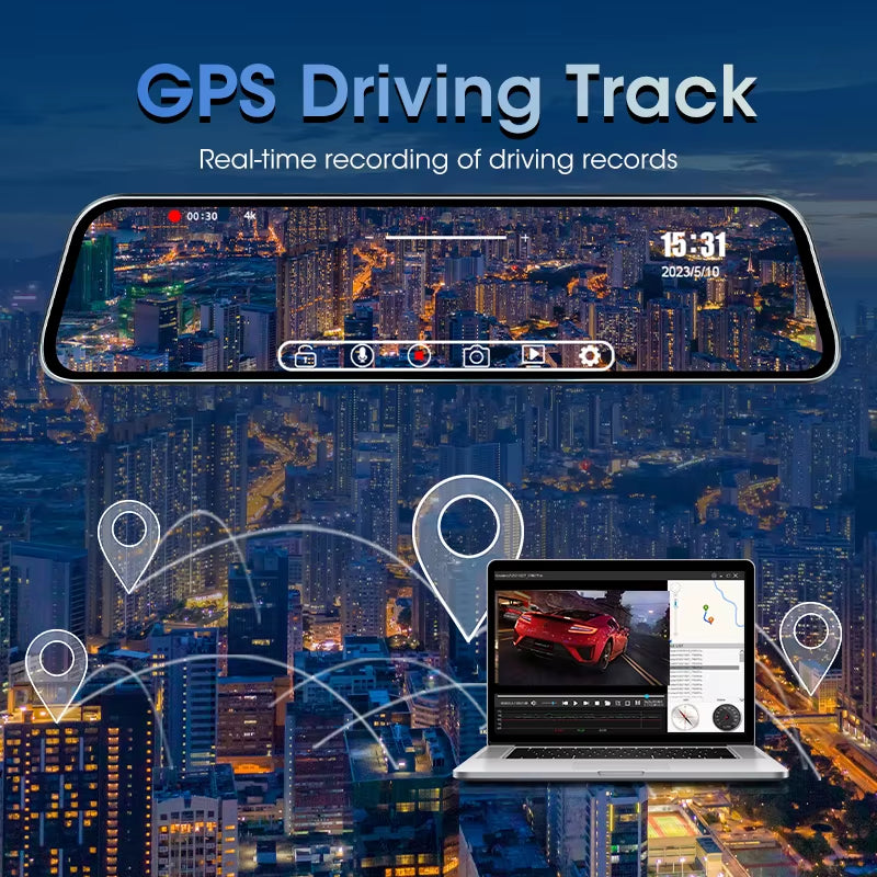 10" Car DVR 4K+1080P Dash Cam Touch Screen 2160P Dual Lens Rear View Mirror Backup Camera GPS Track Playback 24H Parking