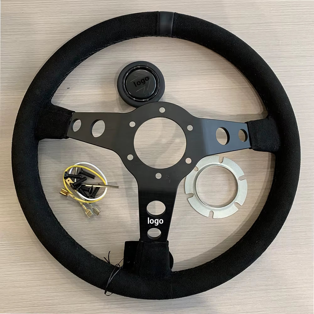 MO MO 14Inch 350Mm Car Steering Wheel Suede Leather/Genuine Leather Deep Concave Drift JDM Racing Black Edition