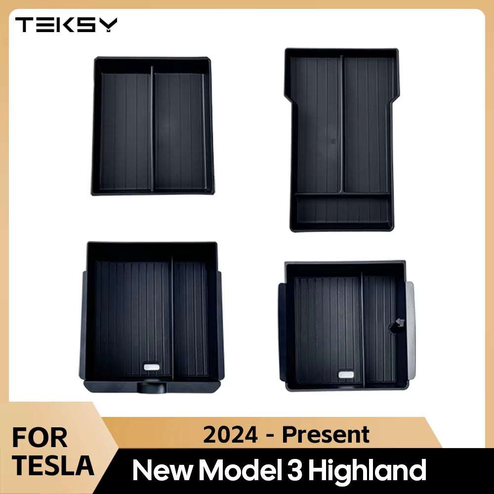 For Tesla New Model 3 HIGHLAND 2024 2025 Center Console Storage Armrest Storage Box Upper&Lower Flocking Accessories New