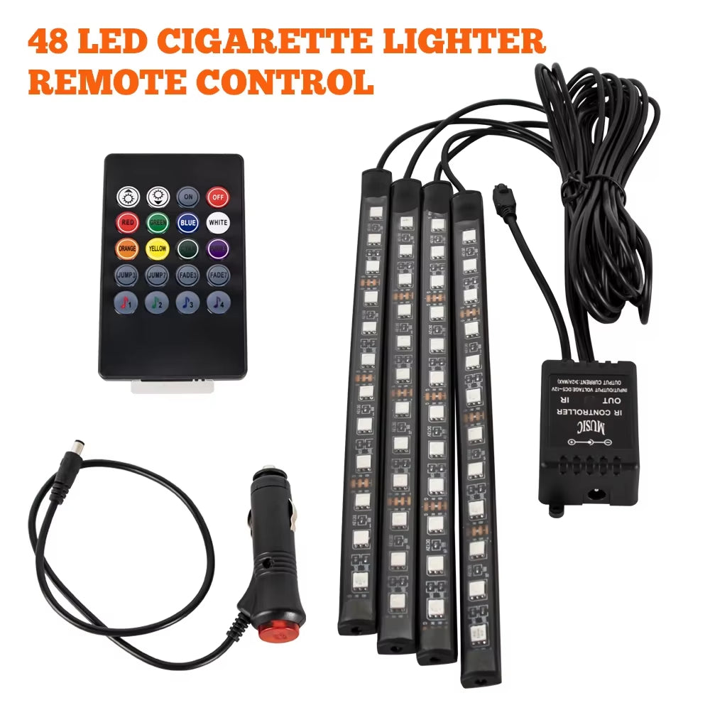 LED Car Foot Light Ambient Lamp with USB Wireless Remote Music Control Multiple Modes Automotive Interior Decorative Lights