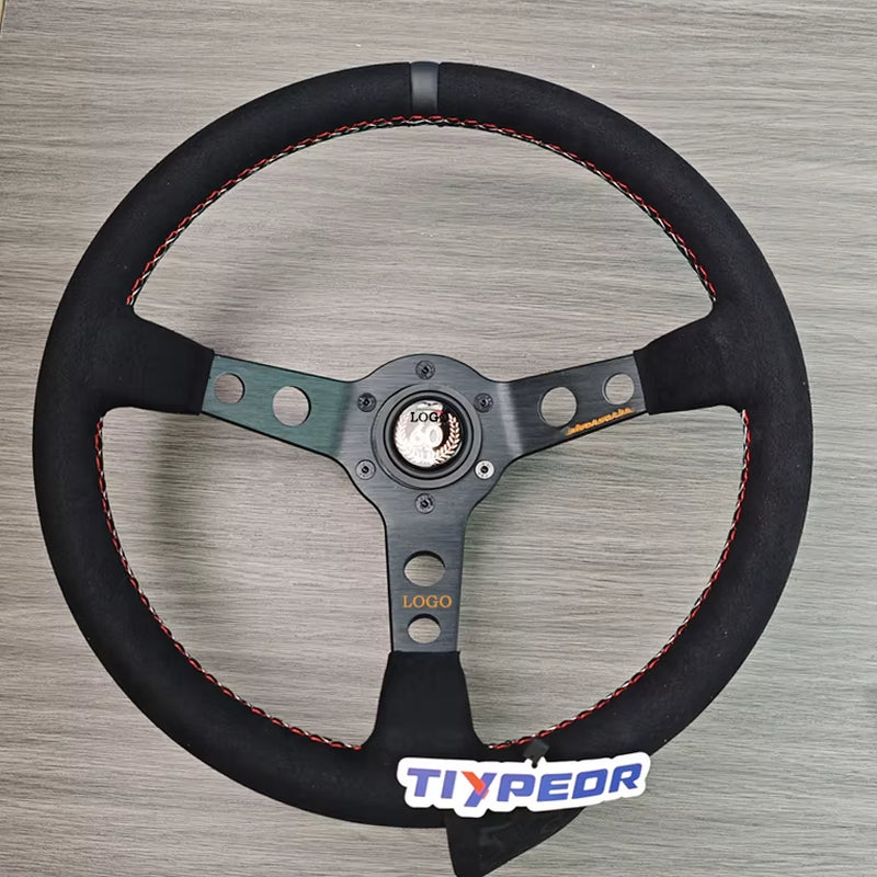 MO MO 14Inch 350Mm Car Steering Wheel Suede Leather/Genuine Leather Deep Concave Drift JDM Racing Black Edition
