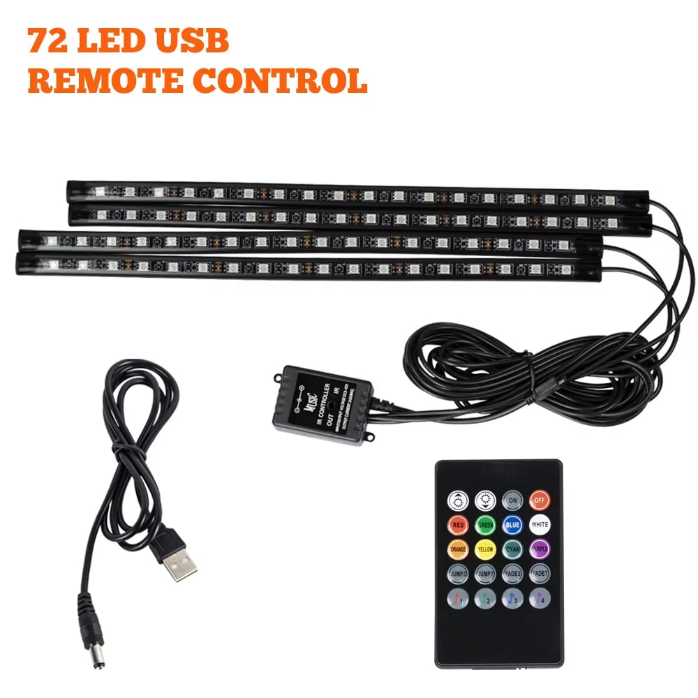 LED Car Foot Light Ambient Lamp with USB Wireless Remote Music Control Multiple Modes Automotive Interior Decorative Lights