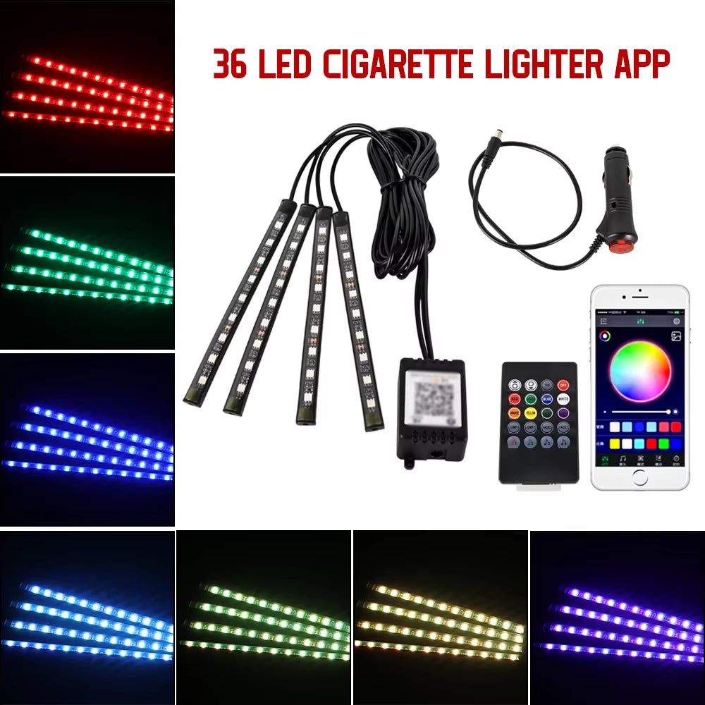 LED Car Foot Light Ambient Lamp with USB Wireless Remote Music Control Multiple Modes Automotive Interior Decorative Lights