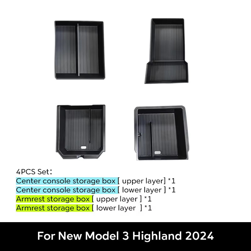 For Tesla New Model 3 HIGHLAND 2024 2025 Center Console Storage Armrest Storage Box Upper&Lower Flocking Accessories New