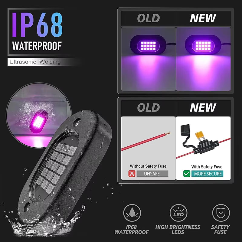 Car Underbody Lights Rock Lights Waterproof Underglow Car Led Ground Lighting App Control 12V Trail Rig Light Vehicle SUV Trucks