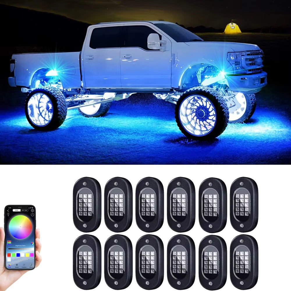 Car Underbody Lights Rock Lights Waterproof Underglow Car Led Ground Lighting App Control 12V Trail Rig Light Vehicle SUV Trucks