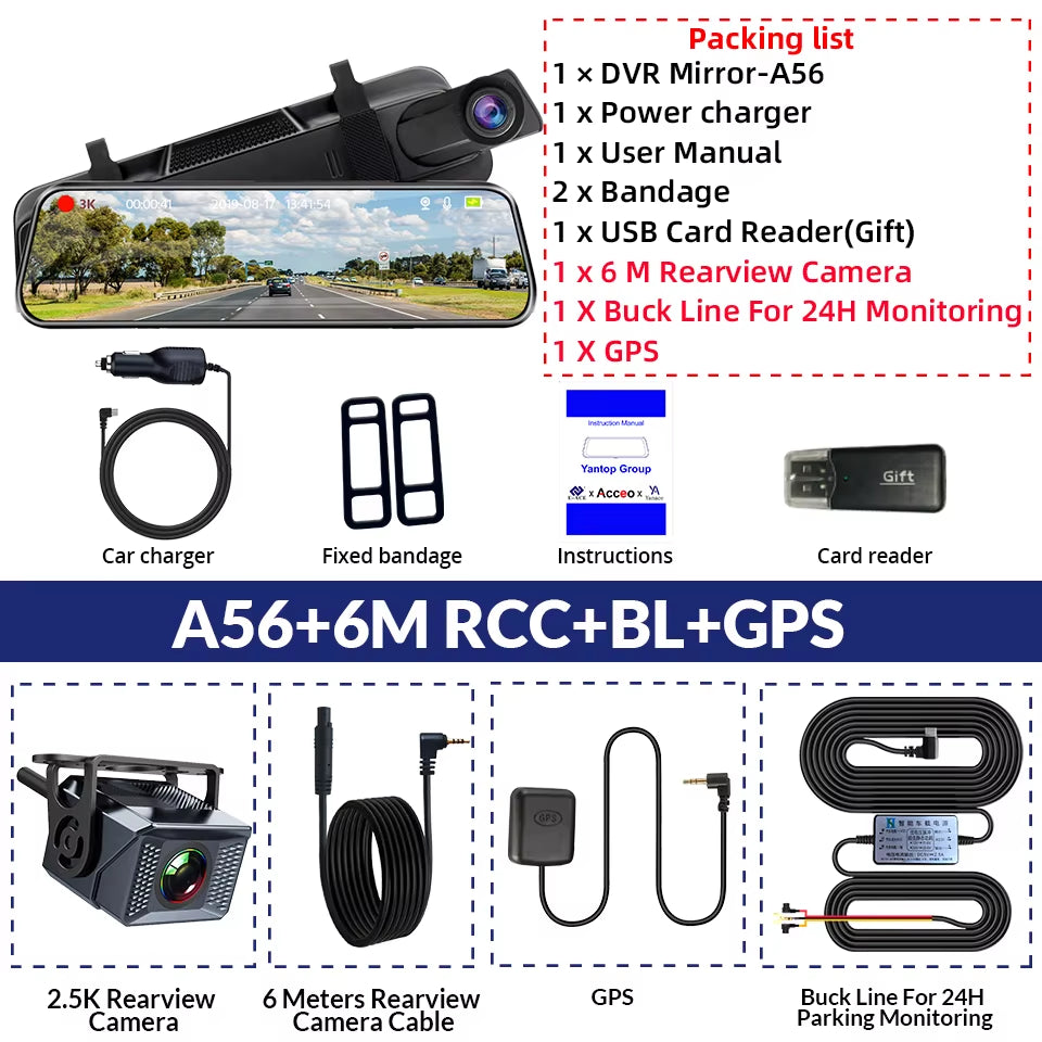 10" Smart Dash Cam 3K Front Optional 2.5K Rear Wifi 170° Super Night Vision Black Box GPS WIFI 24H Parking Monitor Loop Record