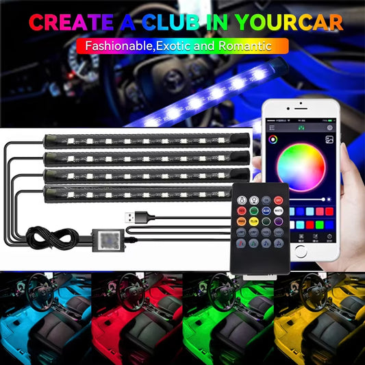 LED Car Foot Light Ambient Lamp with USB Wireless Remote Music Control Multiple Modes Automotive Interior Decorative Lights