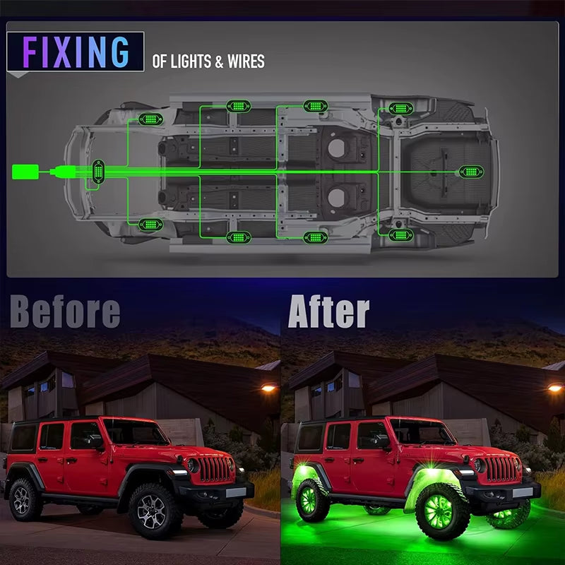 Car Underbody Lights Rock Lights Waterproof Underglow Car Led Ground Lighting App Control 12V Trail Rig Light Vehicle SUV Trucks