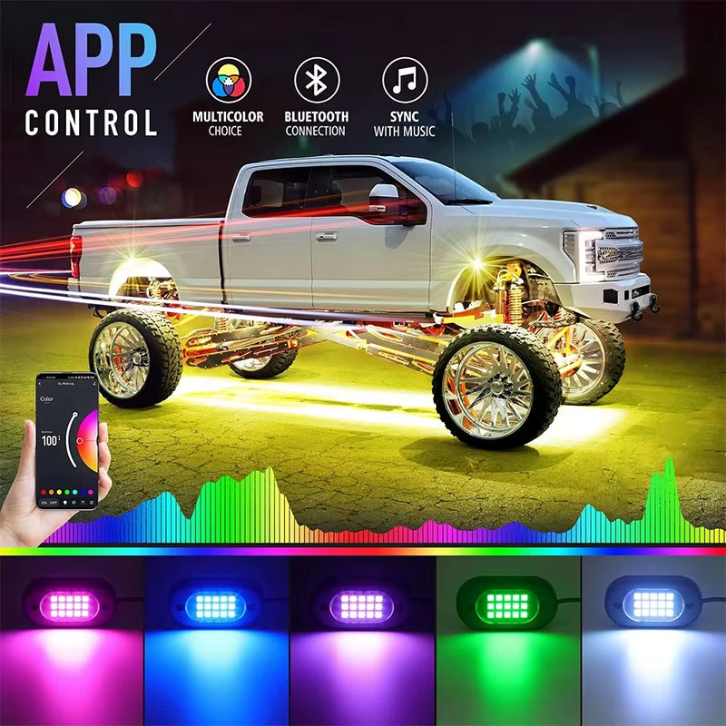 Car Underbody Lights Rock Lights Waterproof Underglow Car Led Ground Lighting App Control 12V Trail Rig Light Vehicle SUV Trucks