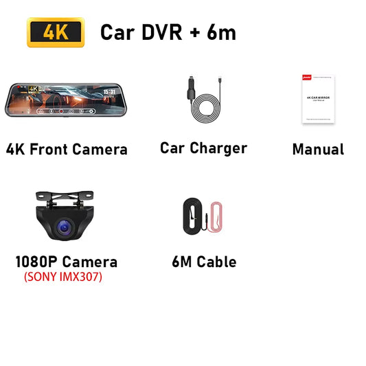10" Car DVR 4K+1080P Dash Cam Touch Screen 2160P Dual Lens Rear View Mirror Backup Camera GPS Track Playback 24H Parking