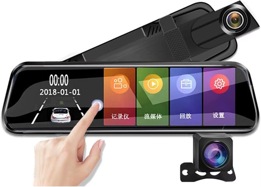 10'' 1080P Car Mirror Dash Cam DVR Rearview Camera Dual Lens IPS Touch Screen Stream Media Night Vision Drive Video Recorder (Co