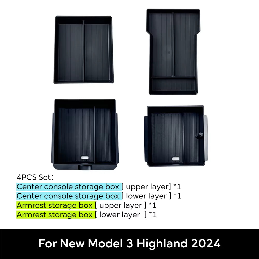 For Tesla New Model 3 HIGHLAND 2024 2025 Center Console Storage Armrest Storage Box Upper&Lower Flocking Accessories New