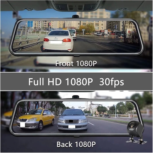 10'' 1080P Car Mirror Dash Cam DVR Rearview Camera Dual Lens IPS Touch Screen Stream Media Night Vision Drive Video Recorder (Co