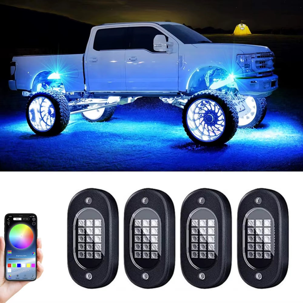 Car Underbody Lights Rock Lights Waterproof Underglow Car Led Ground Lighting App Control 12V Trail Rig Light Vehicle SUV Trucks
