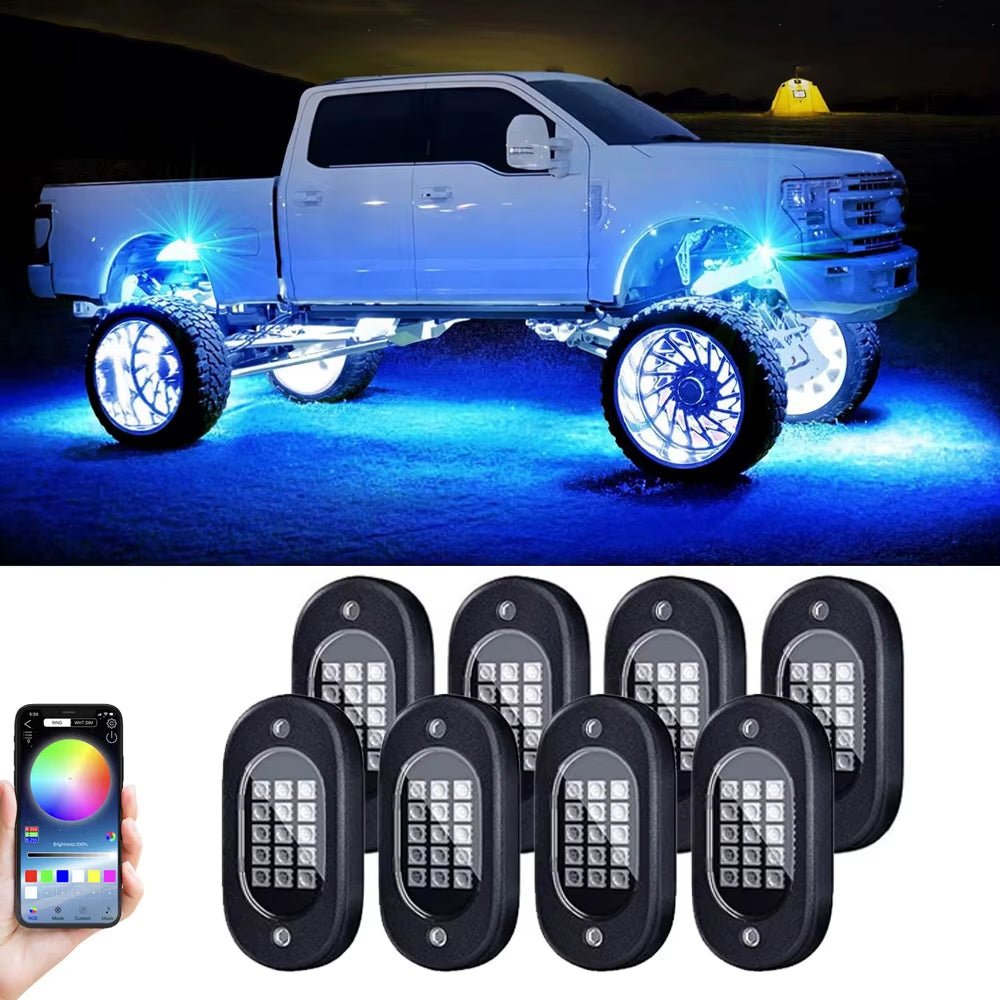 Car Underbody Lights Rock Lights Waterproof Underglow Car Led Ground Lighting App Control 12V Trail Rig Light Vehicle SUV Trucks