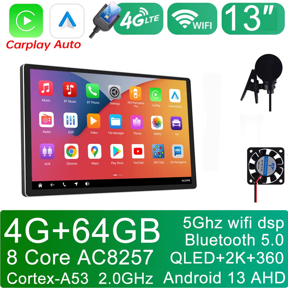 13 Inch 2 Din for Tesla-Style Car Android Radio Stereo Video Player GPS for 9/10-Inch Frame Panel 2Din Universal Carplay Auto