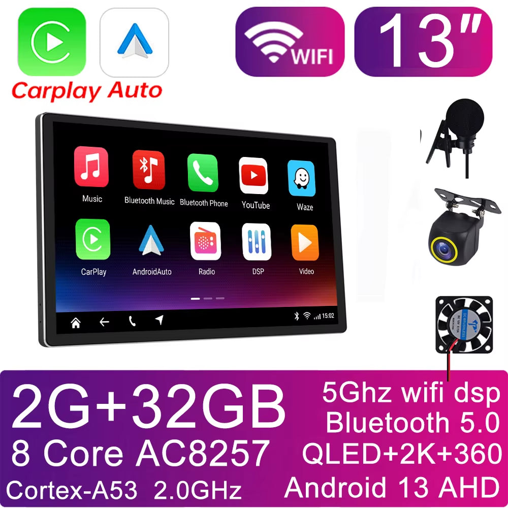 13 Inch 2 Din for Tesla-Style Car Android Radio Stereo Video Player GPS for 9/10-Inch Frame Panel 2Din Universal Carplay Auto