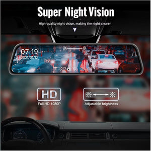 10'' 1080P Car Mirror Dash Cam DVR Rearview Camera Dual Lens IPS Touch Screen Stream Media Night Vision Drive Video Recorder (Co