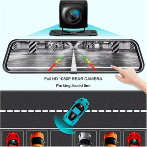 10'' 1080P Car Mirror Dash Cam DVR Rearview Camera Dual Lens IPS Touch Screen Stream Media Night Vision Drive Video Recorder (Co