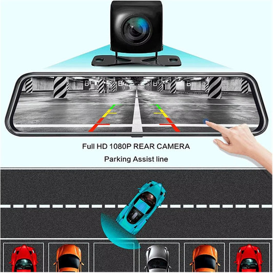 10'' 1080P Car Mirror Dash Cam DVR Rearview Camera Dual Lens IPS Touch Screen Stream Media Night Vision Drive Video Recorder (Co