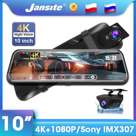 10" Car DVR 4K+1080P Dash Cam Touch Screen 2160P Dual Lens Rear View Mirror Backup Camera GPS Track Playback 24H Parking