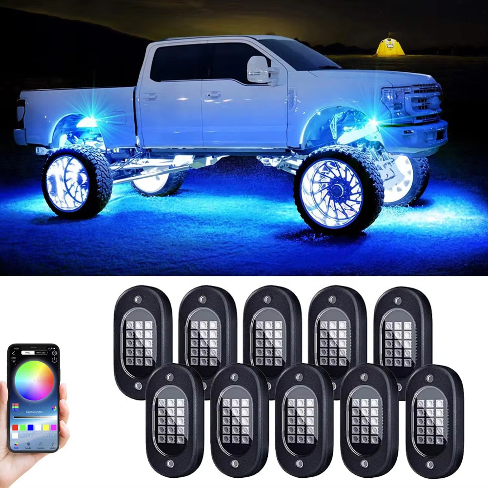 Car Underbody Lights Rock Lights Waterproof Underglow Car Led Ground Lighting App Control 12V Trail Rig Light Vehicle SUV Trucks