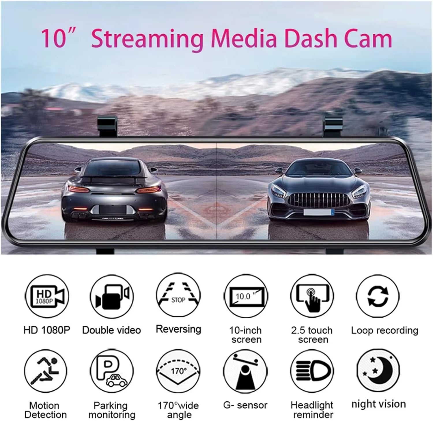 10'' 1080P Car Mirror Dash Cam DVR Rearview Camera Dual Lens IPS Touch Screen Stream Media Night Vision Drive Video Recorder (Co